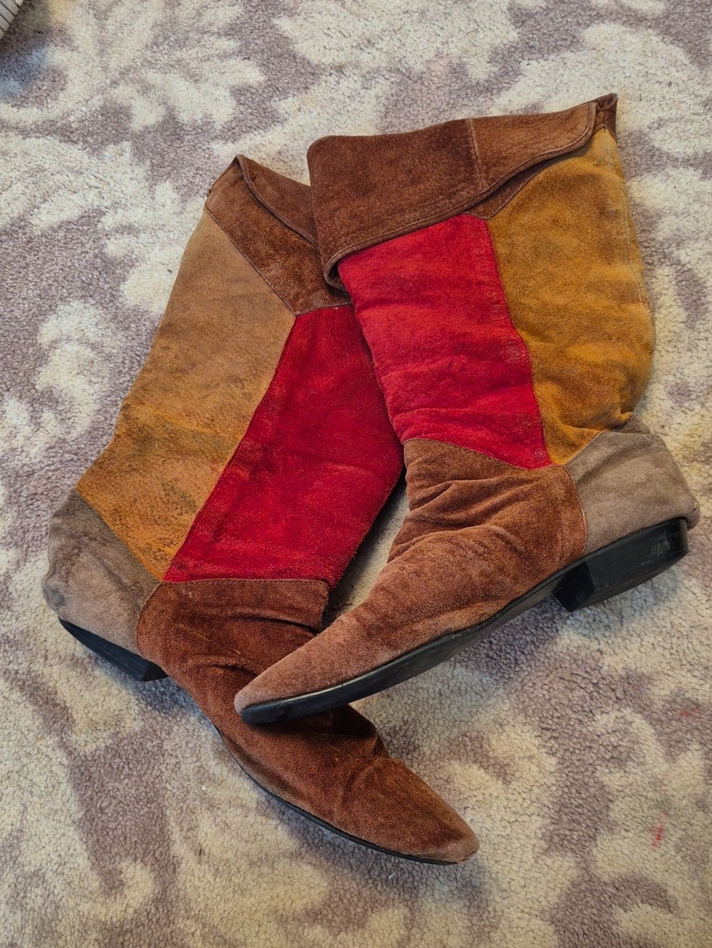 Suede Patchwork Boots in Brown, Red, Tan